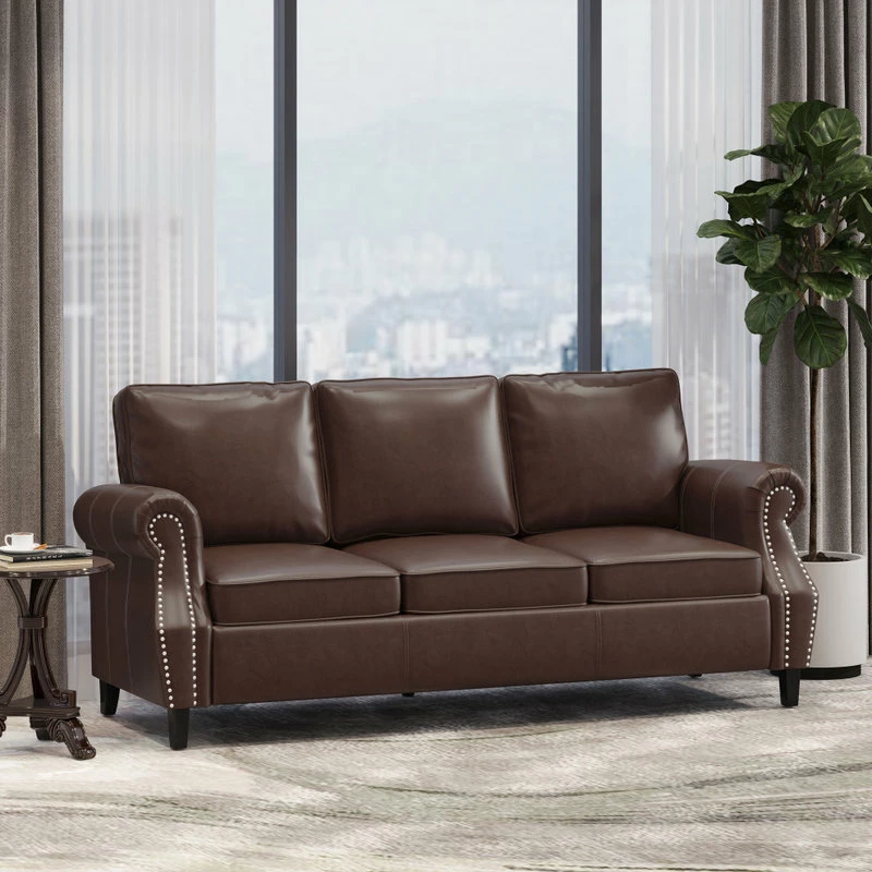 GDFStudio Burkehaven Contemporary Faux Leather 3 Seater Sofa, Nailhead Trim, Dark Brown 4 GDFStudio Burkehaven Contemporary Faux Leather 3 Seater Sofa, Nailhead Trim, Dark Brown - Image 2