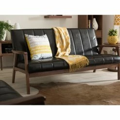 Baxton Studio Nikko Mid-century Scandinavian Style Black Faux Leather Wooden 3-Seater Sofa -GDF sofa Shop 5f71a4740fe354d4 5080 w800 h800 b0 p0
