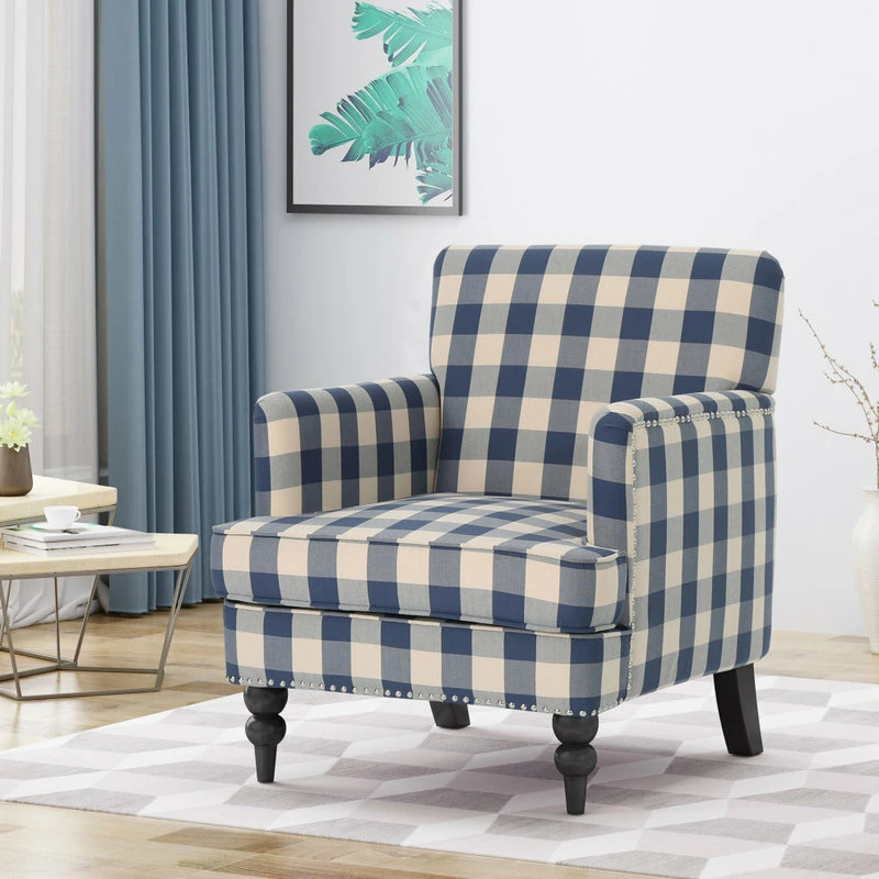 GDFStudio GDF Studio Eve Tufted Fabric Club Chair, Blue Checkerboard/Dark Brown 4 GDFStudio GDF Studio Eve Tufted Fabric Club Chair, Blue Checkerboard/Dark Brown - Image 2