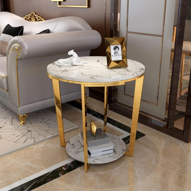 HOMARY Faux Marble Round End Table For Living Room With Storage Shelf Gold 5 HOMARY Faux Marble Round End Table For Living Room With Storage Shelf Gold - Image 3