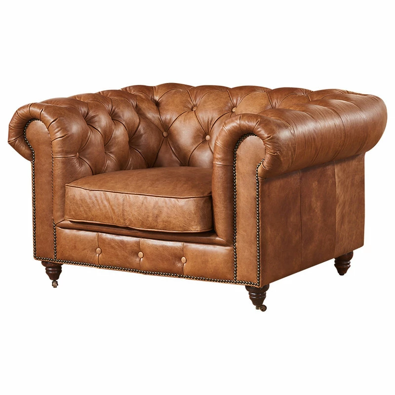 Crafters And Weavers Leather Chesterfield Arm Chair, Light Brown 4 Crafters And Weavers Leather Chesterfield Arm Chair, Light Brown - Image 2
