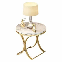 Homary Modern Round Black Faux Marble Side Table X-Base End Table In Gold, White
