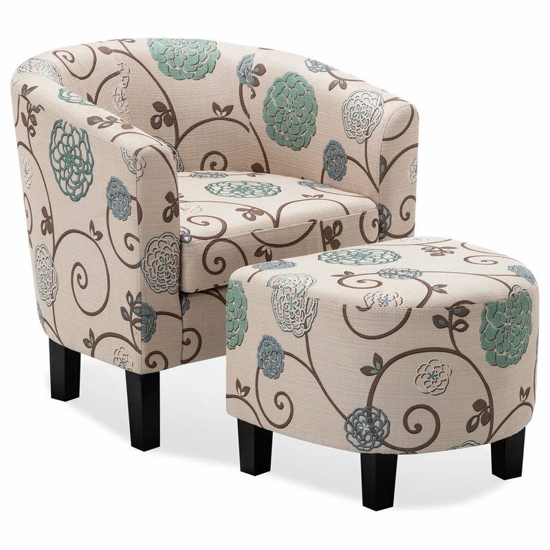 Belleze Accent Chair W/ Ottoman Round Arms Curved Back French Print Script,Beige Floral 3 Belleze Accent Chair W/ Ottoman Round Arms Curved Back French Print Script,Beige Floral