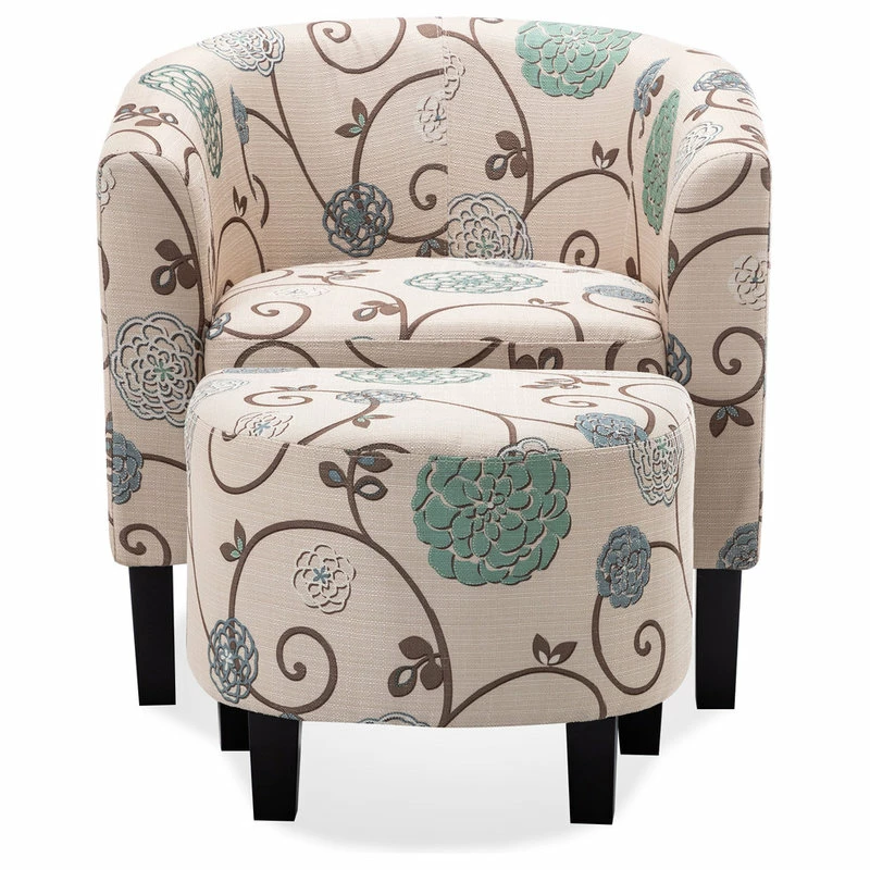 Belleze Accent Chair W/ Ottoman Round Arms Curved Back French Print Script,Beige Floral 5 Belleze Accent Chair W/ Ottoman Round Arms Curved Back French Print Script,Beige Floral - Image 3
