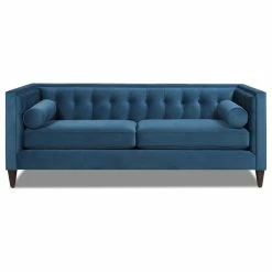 Jennifer Taylor Home Velvet Tufted Tuxedo Sofa, Blue Teal With Bolster Pillows