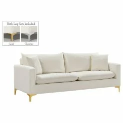 Meridian Furniture Naomi Velvet Sofa, Gold And Chrome Leg Set, Cream