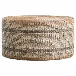 CREATIVE CO-OP Brown Striped Round Water Hyacinth And Seagrass Ottoman/Table