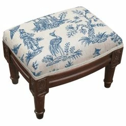 123 Creations Cathay-Taupe, Linen Upholstered Footstool, Navy Blue