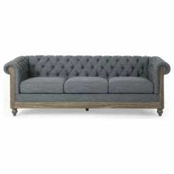 GDFStudio Bowes Chesterfield Tufted 3 Seater Sofa With Nailhead Trim, Charcoal + Dark Brow