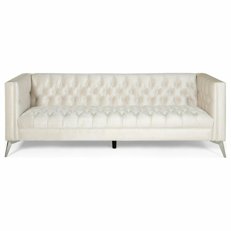GDFStudio Roxanne Tufted Velvet 3 Seat Sofa, Beige/Silver 3 GDFStudio Roxanne Tufted Velvet 3 Seat Sofa, Beige/Silver