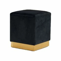 Meridian Furniture Jax Velvet Ottoman/Stool, Black, Gold Base