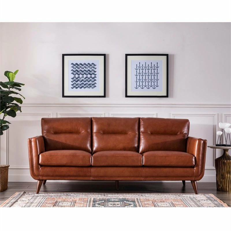 Bowery Hill Mid-Century Leather Sofa In Camel Brown 4 Bowery Hill Mid-Century Leather Sofa In Camel Brown - Image 2