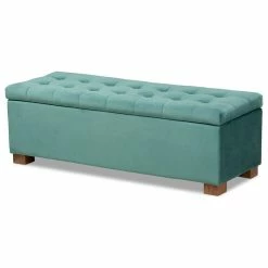 Wholesale Interiors Roanoke Teal Blue Velvet Fabric Upholstered Grid-Tufted Storage Ottoman Bench
