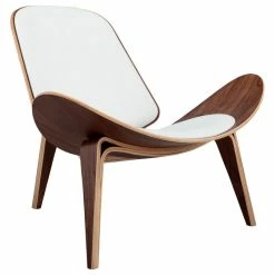 Kardiel Tripod Plywood Modern Lounge Chair, Genuine Italian Leather, Wihte Seat, Walnut