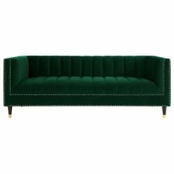 Inspired Home Nicole Miller Althea Velvet Channel Tufted Nailhead Trim Sofa, Hunter Green/Gold