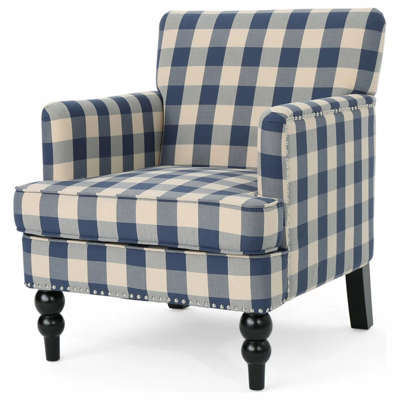 GDFStudio GDF Studio Eve Tufted Fabric Club Chair, Blue Checkerboard/Dark Brown 3 GDFStudio GDF Studio Eve Tufted Fabric Club Chair, Blue Checkerboard/Dark Brown