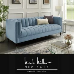 Inspired Home Nicole Miller Althea Velvet Channel Tufted Nailhead Trim Sofa, Slate Blue/Chrome -GDF sofa Shop 8471e6250e9f6c40 8655 w800 h800 b0 p0