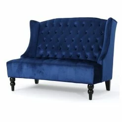 GDFStudio GDF Studio Leona Traditional High Back Tufted Winged Fabric Loveseat, Navy Blue