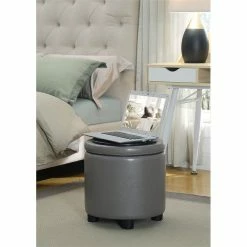 Convenience Concepts Designs4Comfort Round Accent Storage Ottoman In Gray Faux Leather Fabric -GDF sofa Shop 88b1c5170db0fad2 5827 w800 h800 b0 p0