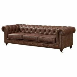 Crafters And Weavers Top Grain Vintage Leather Chesterfield Sofa Bark Brown