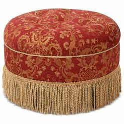 Jennifer Taylor Home Yolanda Tufted Round Ottoman With Bullion Trim, Red Gold Jacquard