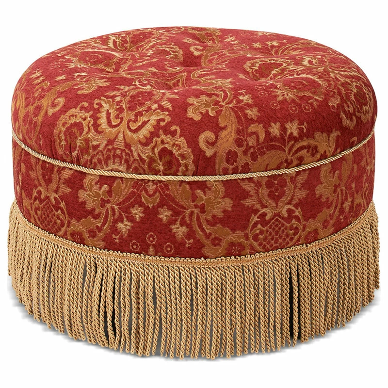 Jennifer Taylor Home Yolanda Tufted Round Ottoman With Bullion Trim, Red Gold Jacquard 3 Jennifer Taylor Home Yolanda Tufted Round Ottoman With Bullion Trim, Red Gold Jacquard