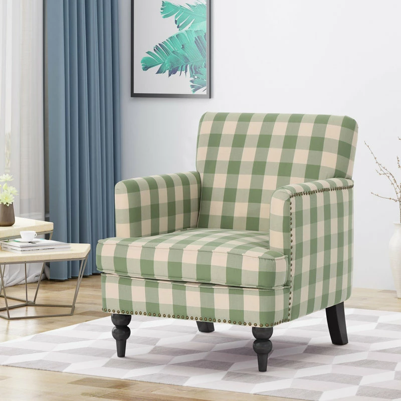 GDFStudio GDF Studio Eve Tufted Fabric Club Chair, Green Checkerboard/Dark Brown 4 GDFStudio GDF Studio Eve Tufted Fabric Club Chair, Green Checkerboard/Dark Brown - Image 2