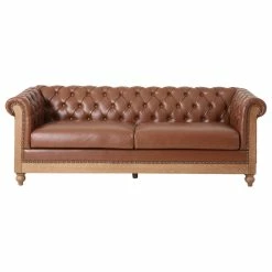 GDFStudio Kinzie Chesterfield Tufted 3 Seater Sofa With Nailhead Trim, Cognac, Pu
