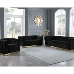 Meridian Furniture Marlon Velvet Loveseat With Brushed Gold Stainless Steel Base, Black -GDF sofa Shop 9551279b02740dfa 6433 w800 h800 b0 p0