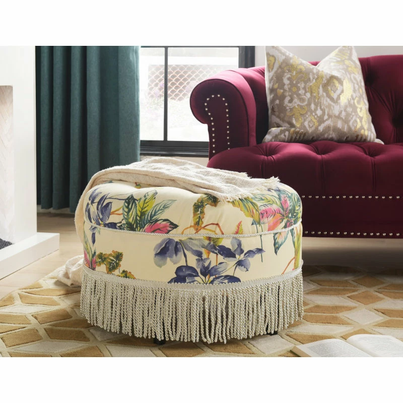 Jennifer Taylor Home Yolanda Tufted Round Ottoman With Bullion Trim, Beige Floral 8 Jennifer Taylor Home Yolanda Tufted Round Ottoman With Bullion Trim, Beige Floral - Image 6