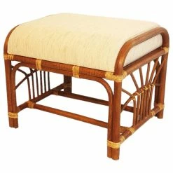 SK New Interiors Ottoman Footstool Handmade ECO Natural Rattan Wicker With Cream Cushion, Colonia