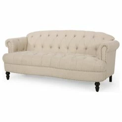 GDFStudio Jaziel Deep Tufted Sofa With Nailhead Trim, Beige/Dark Brown