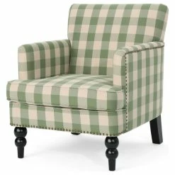 GDFStudio GDF Studio Eve Tufted Fabric Club Chair, Green Checkerboard/Dark Brown