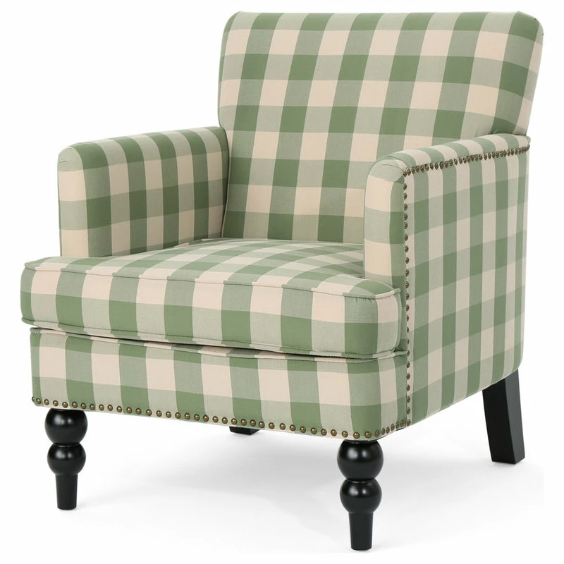 GDFStudio GDF Studio Eve Tufted Fabric Club Chair, Green Checkerboard/Dark Brown 3 GDFStudio GDF Studio Eve Tufted Fabric Club Chair, Green Checkerboard/Dark Brown