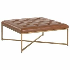Sunpan Modern Home Endall Square Leather Coffee Table/Ottoman, Antique Brass, Camel