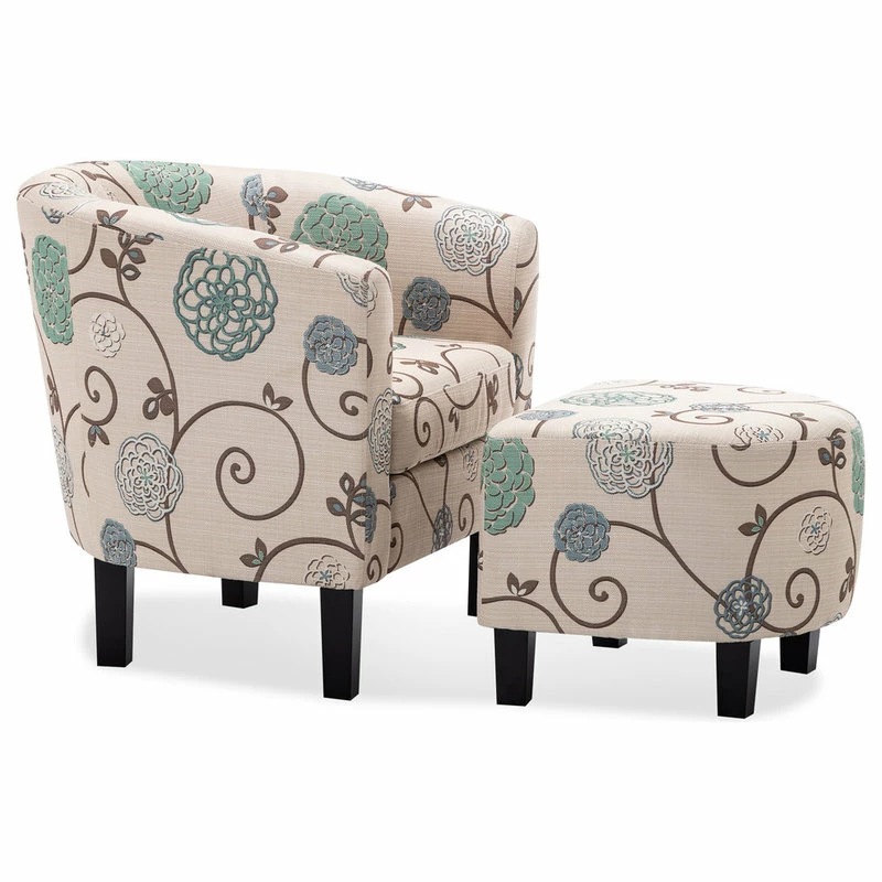 Belleze Accent Chair W/ Ottoman Round Arms Curved Back French Print Script,Beige Floral 4 Belleze Accent Chair W/ Ottoman Round Arms Curved Back French Print Script,Beige Floral - Image 2