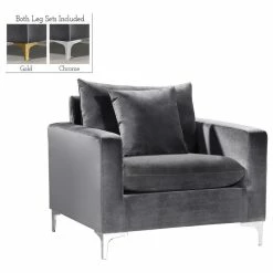 Meridian Furniture Naomi Velvet Chair, Gold And Chrome Leg Set, Gray