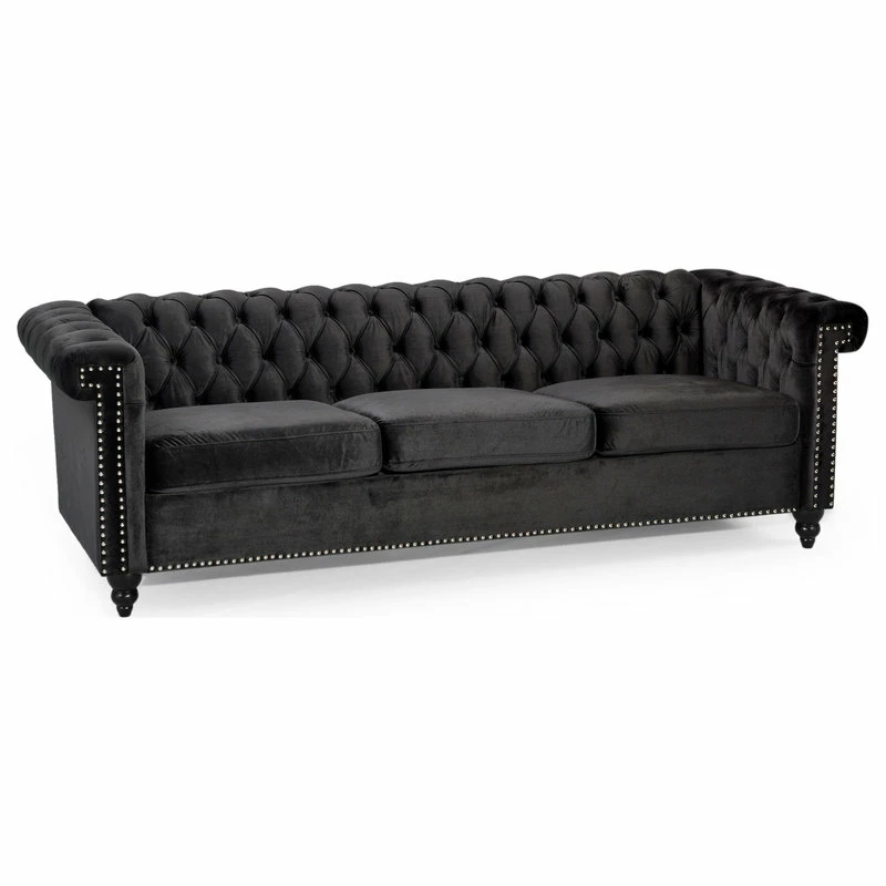 GDFStudio Spencer Tufted Chesterfield Velvet 3 Seater Sofa, Black/Dark Brown 7 GDFStudio Spencer Tufted Chesterfield Velvet 3 Seater Sofa, Black/Dark Brown - Image 5