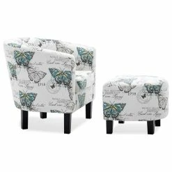 Belleze Accent Chair W/ Ottoman Round Arms Curved Back French Print Script, White