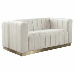 Meridian Furniture Marlon Velvet Loveseat With Brushed Gold Stainless Steel Base, Cream
