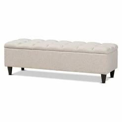 Wholesale Interiors Brette Modern Beige Fabric Upholstered Dark Brown Wood Storage Bench Ottoman