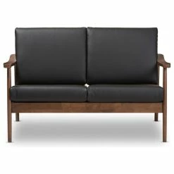 Baxton Studio Venza Mid-Century Modern Walnut Wood Black Faux Leather 2-Seater Loveseat -GDF sofa Shop b101649309cbe164 0313 w800 h800 b1 p0