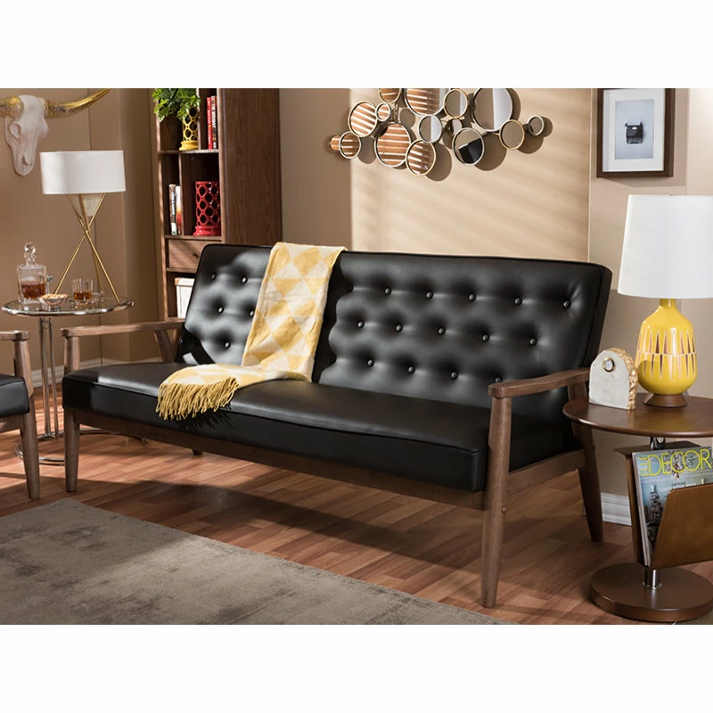 Baxton Studio Sorrento Retro Upholstered Wooden 3-Seater Sofa, Brown Faux Leather 7 Baxton Studio Sorrento Retro Upholstered Wooden 3-Seater Sofa, Brown Faux Leather - Image 5