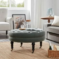 Belleze Round Tufted Linen Ottoman With Caster, 33", Gray -GDF sofa Shop b1c1c51e0ea930a6 0220 w800 h800 b0 p0