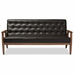 Baxton Studio Sorrento Retro Upholstered Wooden 3-Seater Sofa, Brown Faux Leather