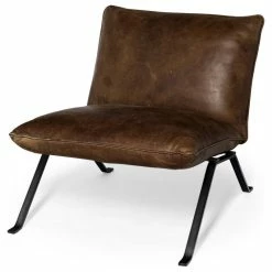 Mercana Flavelle II Top-Grain Leather Cushion Seat & Solid Iron Base Accent Chair, Brown