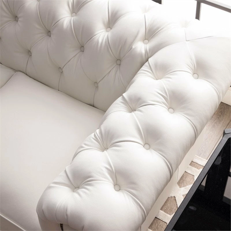 Bowery Hill Traditional Leather Chesterfield Sofa In White Finish 7 Bowery Hill Traditional Leather Chesterfield Sofa In White Finish - Image 5