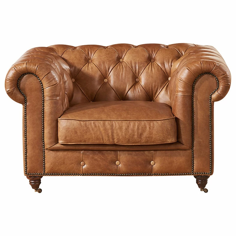Crafters And Weavers Leather Chesterfield Arm Chair, Light Brown 3 Crafters And Weavers Leather Chesterfield Arm Chair, Light Brown