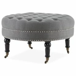 Belleze Round Tufted Linen Ottoman With Caster, 33", Gray