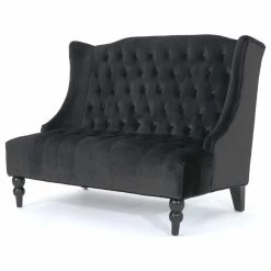 GDFStudio GDF Studio Leah Traditional Tufted High Winged Back New Velvet Loveseat, Black